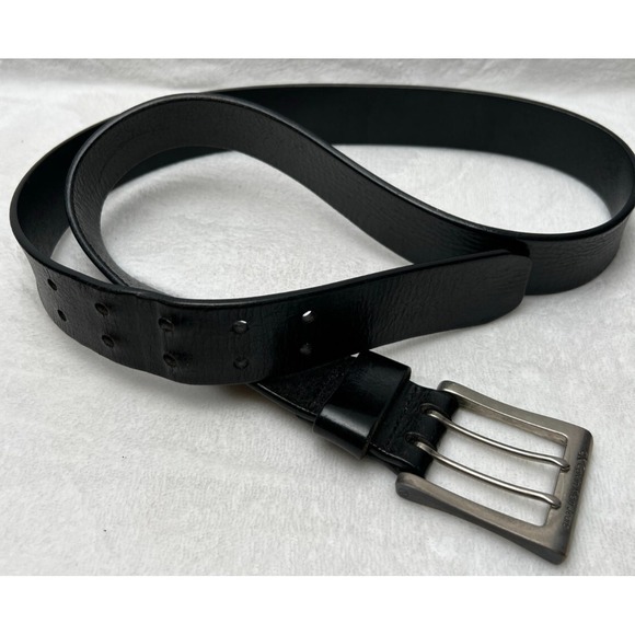 Calvin Klein Jeans Belt Mens 38.5 Black Leather Double Prong Silver Toned Preppy - Picture 1 of 9